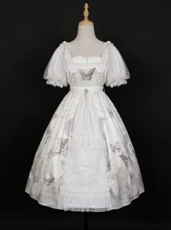 Butterfly Mankong Series Elegant Generous Collar The Clock Butterfly Print Polka Dot Mesh Open Placket Classic Lolita Short-Sleeved Dress -NAUS Lolita Shop 3 500x672 517