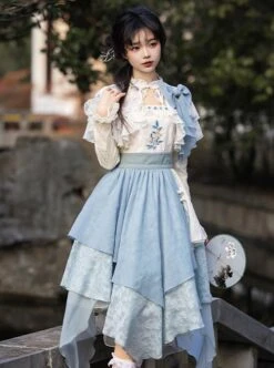 Sea Flowers Series Blue New Chinese Style Wesh Yarn Lace Fake Two Piece Irregular Embroidered Classic Long Sleeves Lolita Dress -NAUS Lolita Shop 3 500x672 518
