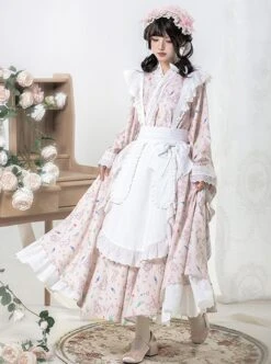 Hanamachi Chronicles Series Japanese Style Pink Kimono Elements Maid Garden Rabbit Printed Classic Lolita Apron Dress Set -NAUS Lolita Shop 3 500x672 519