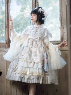 Chinoiserie Vintage Gorgeous Print Bow Lace Fringe Fake Collar Detachable Design Classic Lolita Sleeveless Dress -NAUS Lolita Shop 3 500x672 526