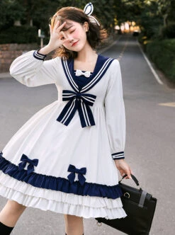 Heart Route Series OP White Sailor Suit V-Neck Design Bow Knots Decoration Long Sleeve Classic Lolita Dress -NAUS Lolita Shop 3 500x672 53