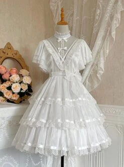 Dawn Banquet Series Elegant Temperament Fairy Three Stages Big Ruffle V Collar Hollow Out Lace Bowknots Classic Lolita Short Sleeves Dress -NAUS Lolita Shop 3 500x672 532