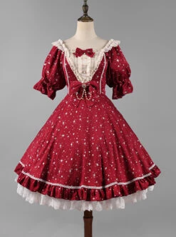 Classic Lolita Retro Solid Color Star Shape Embellishment Design Pleated Neckline Bow Knot Decoration Short Sleeve Dress -NAUS Lolita Shop 3 500x672 542
