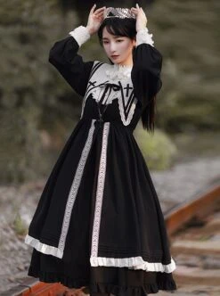 Nun Style Black-White Stand-Up Collar Lace Ruffles Large Skirt Classic Lolita Long-Sleeved Dress -NAUS Lolita Shop 3 500x672 543