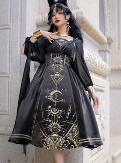 Horus' Nightmare Series Gorgeous Golden Print Black Ancient Egypt Exotic Classic Lolita Sleeveless Dress Set -NAUS Lolita Shop 3 500x672 549