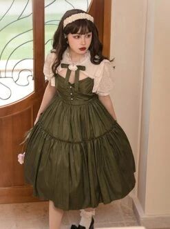 Love And Poetry Series Elegant Daily Fake Two Piece Puff Sleeve Stand Collar Cutout Design Classic Lolita Short Sleeve Dress -NAUS Lolita Shop 3 500x672 558
