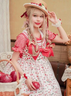 Ice Cherry Series Cherry Floral Print Pleated Mesh Personalized Square Neckline Bow Knots Classic Lolita Dress JSK Shirt Set -NAUS Lolita Shop 3 500x672 560