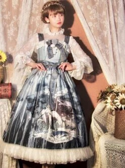 Eco's Voice Series Retro Palace Tea Party Myth Messenger Printing Ribbon Belt Classic Lolita Sleeveless Dress -NAUS Lolita Shop 3 500x672 562