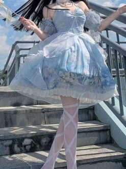 Blue Elegance Open Back Swan Castle Print Bow Lace Bead Chain Necklace Puff Hand Sleeve Classic Lolita Sleeveless Dress -NAUS Lolita Shop 3 500x672 568