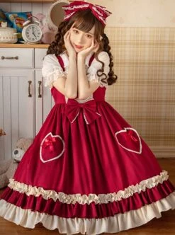 Hawthorn Milk Cover Series Red Cute Daily Lace Bow-Knot Love Heart Decoration Ruffle Hem Classic Lolita Sleeveless Dress -NAUS Lolita Shop 3 500x672 578