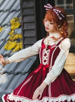 Miss Betty Series Red Vintage Court Bow Lace Ribbon Decorated Ruffle Hem Classic Lolita Sleeveless Dress -NAUS Lolita Shop 3 500x672 597