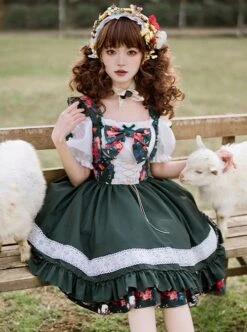 Kirino Forest Series Chinese Style Dark Green Northeast Big Flower Pastoral Style Classic Lolita Puff Sleeves Dress -NAUS Lolita Shop 3 500x672 598