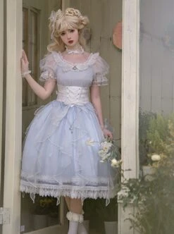 Mermaid Tears Series Summer Fantasy Light Blue Fluffy Tulle White Girdle Bowknot Lace Pearl Chain Classic Lolita Sleeveless Long Dress -NAUS Lolita Shop 3 500x672 602