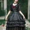 Rose Prayer Series Black Elegant French Backless Metal PU Leather Belt Classic Lolita Short Sleeve Dress
