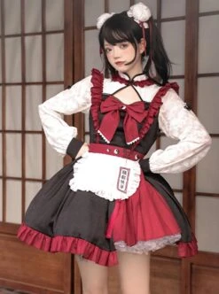 Chinese Style Stand Collar Hollow Black Red Asymmetric Hem Design Lace Puff Sleeves Bowknot Decoration Classic Lolita Long Sleeve Dress -NAUS Lolita Shop 3 500x672 618