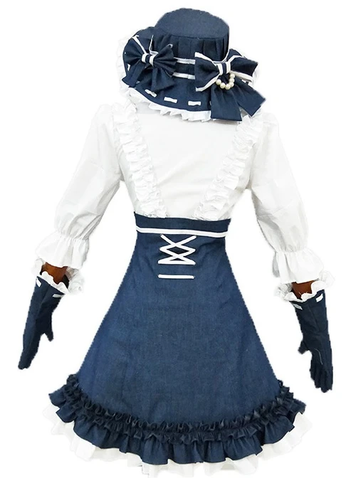 Alice Style White And Navy Blue Classic Lolita Dress And Hat Set 3 Alice Style White And Navy Blue Classic Lolita Dress And Hat Set - Image 3