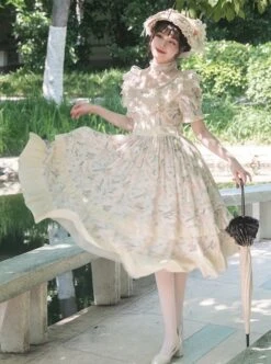 Summer Solstice Series Lace Translucent Design Daisy Cherry Floral Print Ruffle Hem Summer Classic Lolita Short Sleeve Dress -NAUS Lolita Shop 3 500x672 622