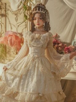 Morning Ode Series Gorgeous Flower Wedding Sequin Beads Pearl Crown Girdle Bowknot Yarn Tail Lace Classic Lolita Dress Set -NAUS Lolita Shop 3 500x672 624