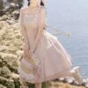 Chinese Style Pink Elegant Square Neck Embroidered Slim Fit Han Element Irregular Hem Classic Lolita Short Sleeve Dress
