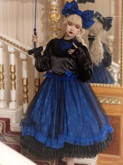 Lonely Laura Series Elegant Mysterious Jacquard Detachable Blue Rose Bowknot Lace Petal Hem Design Gothic Lolita Long Sleeve Dress -NAUS Lolita Shop 3 500x672 643
