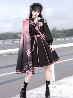 Sakura Theme Black Pink Gradient Sweet Cool Military Lolita Sweet Side Shoulder 3D Flowers Cloak Long Sleeves Dress Set -NAUS Lolita Shop 3 500x672 646