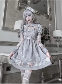 Rose Funeral Series White Gothic Lolita Dirty Dyed Jacquard Cute Doll Collar Long Sleeve Dress -NAUS Lolita Shop 3 500x672 647