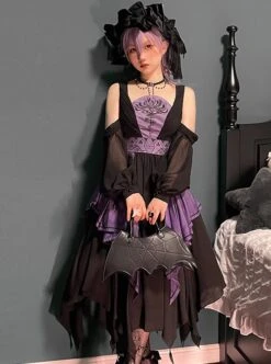 Halloween Black Purple Color Matching Special-Shaped Collar Irregular Oversized Hem Gothic Lolita Dress -NAUS Lolita Shop 3 500x672 649