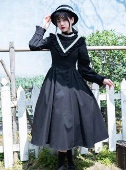 Olivia Series Black Small Stand Collar Ruffles White Round Splice V Shape Line Elegant Large Hem Gothic Lolita Lantern Long Sleeve Dress -NAUS Lolita Shop 3 500x672 656