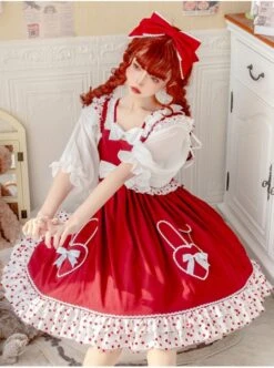 Bunny Jam Series Red Cute Polka-Dot Crinkled Hem Rabbit-Shaped Pocket Classic Lolita Princess Dress -NAUS Lolita Shop 3 500x672 66