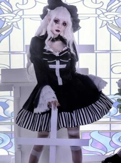 Requiem Series Classical Velvet Lace Cross Halloween Stripe Hem Gothic Lolita Long Sleeve Dress -NAUS Lolita Shop 3 500x672 670