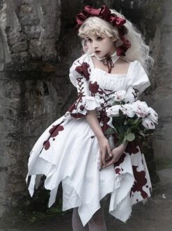 Romeo Series Lacing Stand Collar Chest Hollow Irregular Hem Bloody Gothic Lolita Mid-Sleeved Dress -NAUS Lolita Shop 3 500x672 671