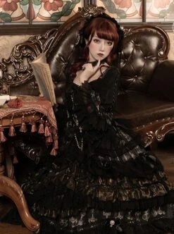 Day Night Light Series Gorgeous Noble Elegant Palace Style Dark Black Gothic Lolita Black Wedding Dress Veil Full Set -NAUS Lolita Shop 3 500x672 672