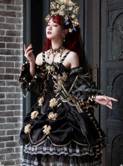 Golden Lily Series JSK Retro Elegant Palace Style Gothic Lolita Black And Golden Sling Dress -NAUS Lolita Shop 3 500x672 674