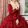 Palace Style Retro Lace Long Sleeve Wine Red Gothic Lolita Dress