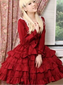 Palace Style Retro Lace Long Sleeve Wine Red Gothic Lolita Dress