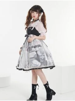 Little Tengu Series JSK Black Printing Tulle Hem Black Cute Punk Street Gothic Lolita Sling Dress -NAUS Lolita Shop 3 500x672 700
