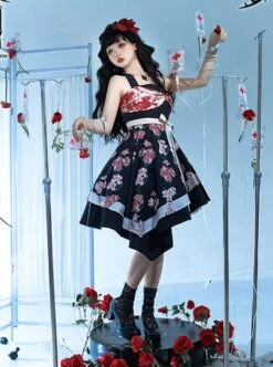 Large Bow High Waist Print Elegant Halter Detachable Belt Irregular Gothic Lolita Sleeveless Dress -NAUS Lolita Shop 3 500x672 708