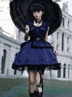 Cycle Series Klein Blue Velvet Halloween Cross Lace Gothic Lolita Short Sleeve Dress -NAUS Lolita Shop 3 500x672 721