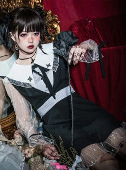 Night Lily Series Black Gothic Lolita Long Sleeve Dress -NAUS Lolita Shop 3 500x672 722