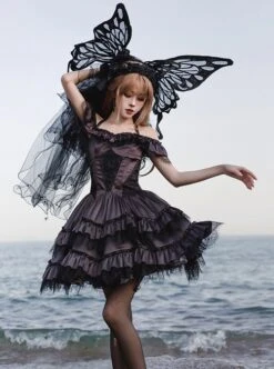 Silent Melody Series Ballet Style Pure Color Backless Elegant Lace Stitching Gothic Lolita Short Sleeve Dress -NAUS Lolita Shop 3 500x672 730
