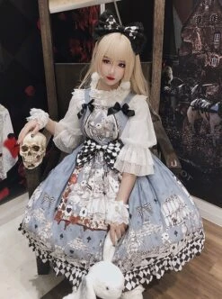 Gothic Style Alice Poker Black-White Plaid Printing Gray Blue Gothic Lolita Sleeveless Dress -NAUS Lolita Shop 3 500x672 739