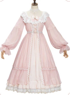 Diana Series Pink OP Elegant Palace Style Classic Lolita Long Sleeve Long Dress -NAUS Lolita Shop 3 500x672 75