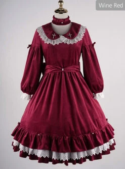 Vintage Velvet Pearl Jacquard Lace Gorgeous Back Slit Bowknot Gothic Lolita Long Sleeve Dress -NAUS Lolita Shop 3 500x672 763