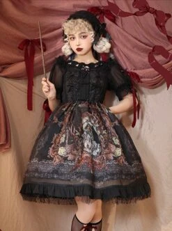 Gothic Vintage Print Grape Bow Decorative Ruffle Hem Gothic Lolita Sleeveless Dress -NAUS Lolita Shop 3 500x672 765