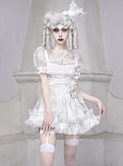 Gothic White Chiffon Puff Sleeve Thorn Jacquard Asymmetrical Hem Design Gothic Lolita Short Sleeve Dress -NAUS Lolita Shop 3 500x672 773