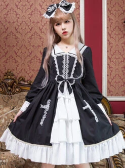 Black And White Bowknot Lace Crucifix Gothic Lolita Lapel Long Sleeve Dress -NAUS Lolita Shop 3 500x672 778