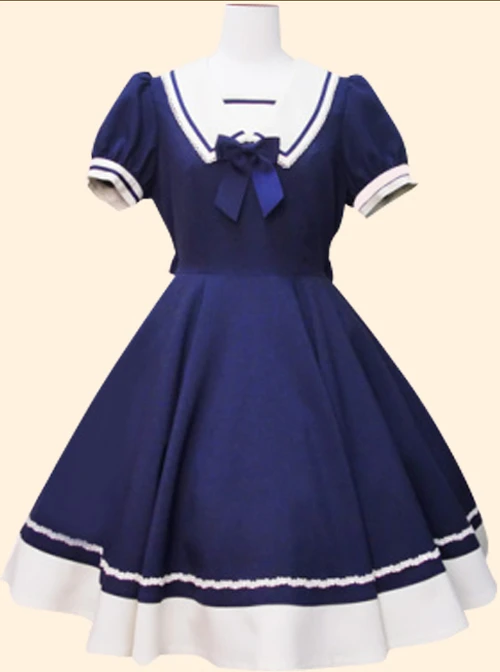 Navy Collar Bowknot School Lolita Short Sleeve Dress 4 Navy Collar Bowknot School Lolita Short Sleeve Dress - Image 4
