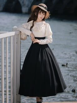 Roman Holiday Series Elegant High Waisted A Line Halter Neck Bare Shoulders Solid Black White Classic Lolita Puff Sleeves Dress -NAUS Lolita Shop 3 500x672 81