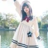 Navy Style Daily Loose Cute Cloud Embroidery Star Button Lantern Sleeve School Lolita Long Sleeve Dress