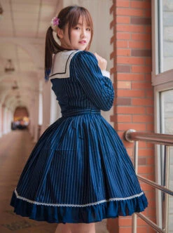 College Uniform Style Sailor Collar Navy Blue Stripes School Lolita Long Sleeve Dress -NAUS Lolita Shop 3 500x672 812